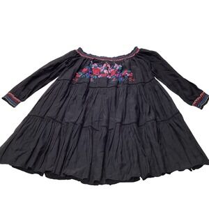 Free People Blk Embroidered Boho Tiered Mini Dress XS Floral Smocked Long Sleeve